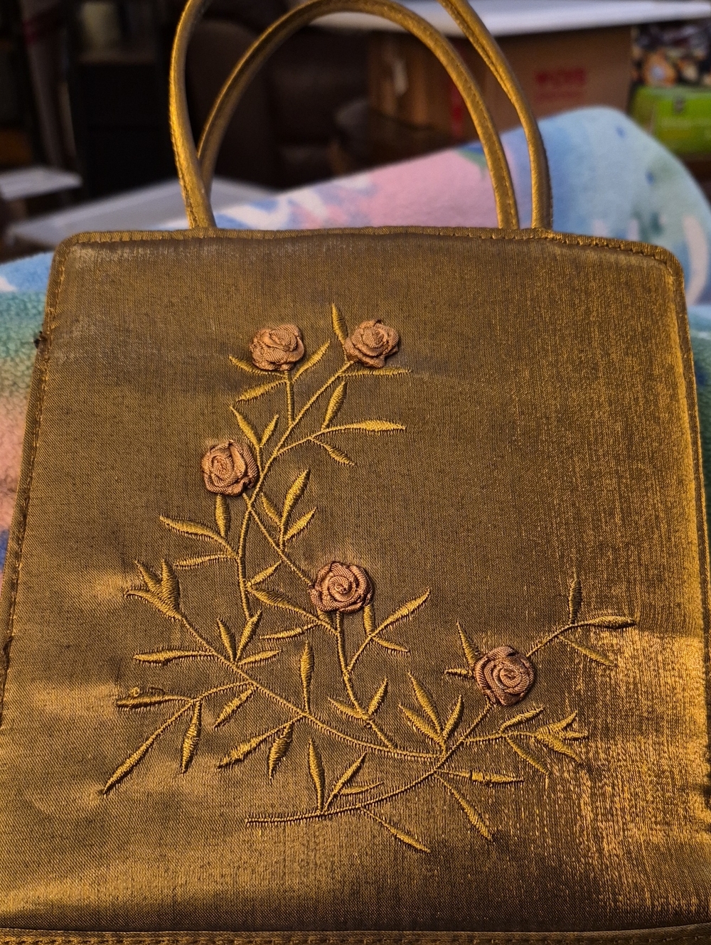 Olive Green Embroidered Floral Wristlet Clutch